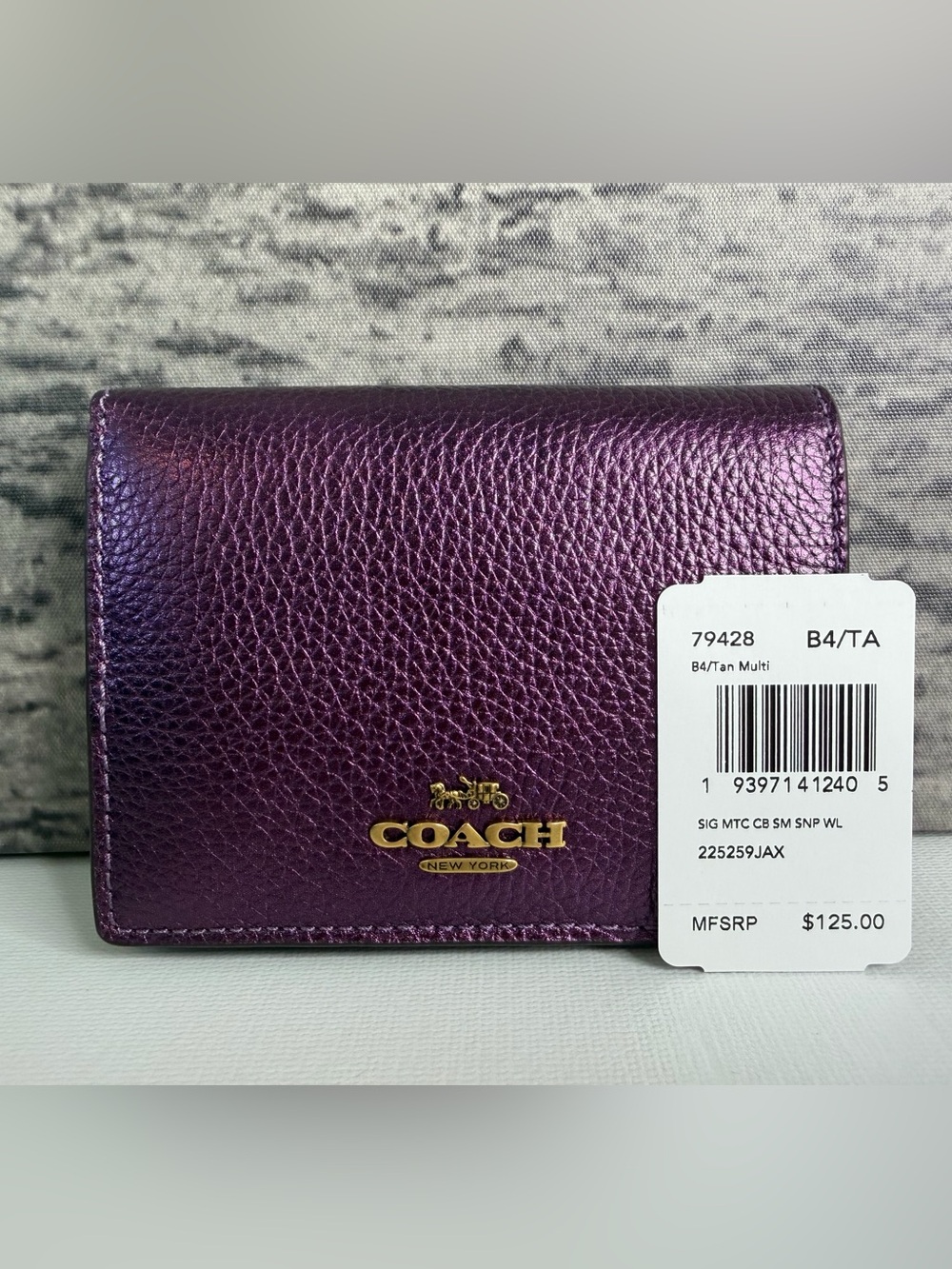 NWT Coach Small Snap Wallet Colorblock Tan Sig Canvas & Metallic Purple 7942 - Picture 4 of 4